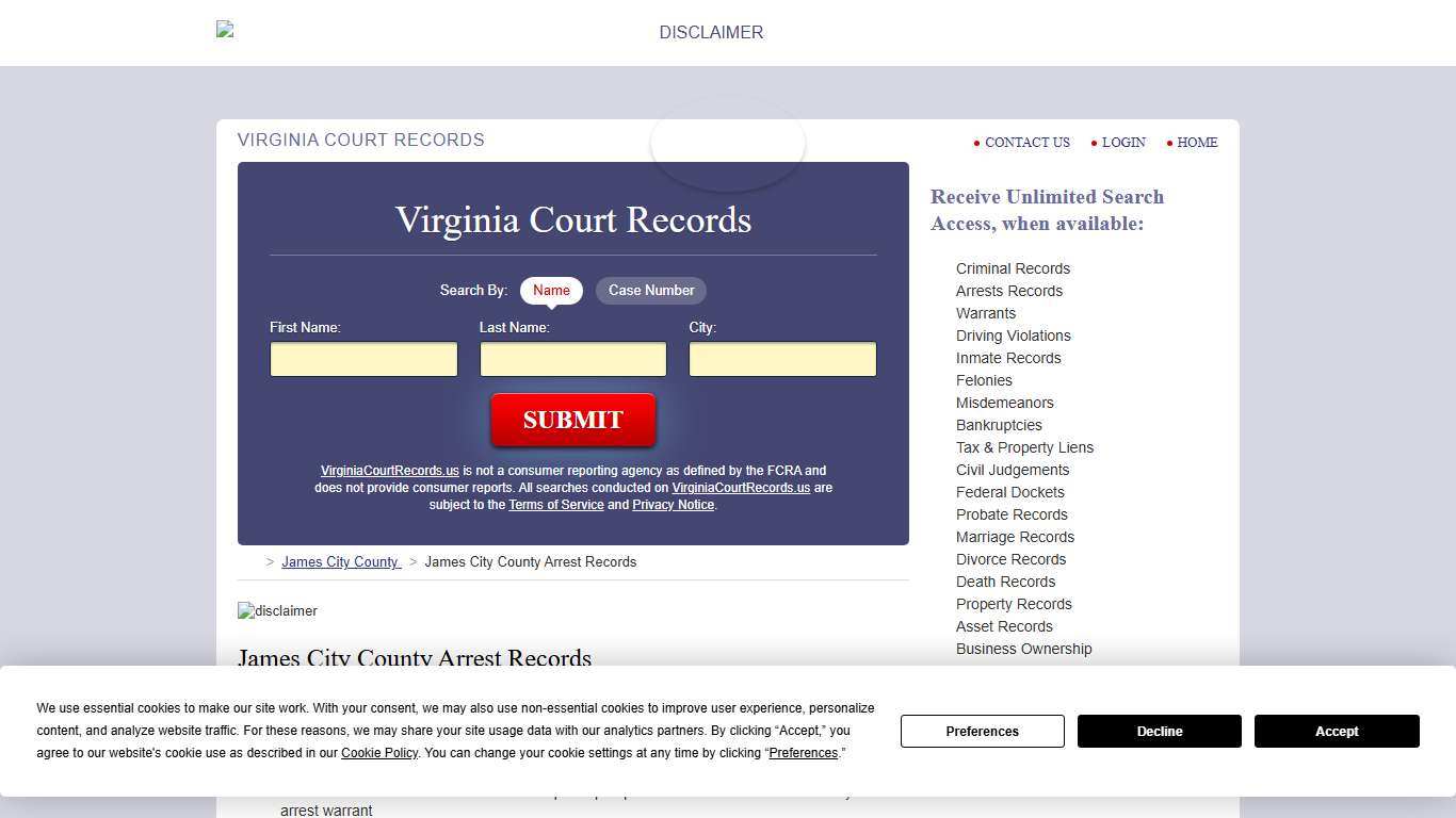 James City County Arrest Records VirginiaCourtRecords.us